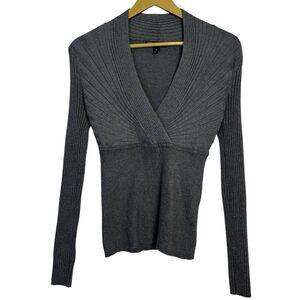 INC Sweater Size M Gray Ribbed Fitted Y2K 90s Faux Wrap V-Neck Babydoll Empire